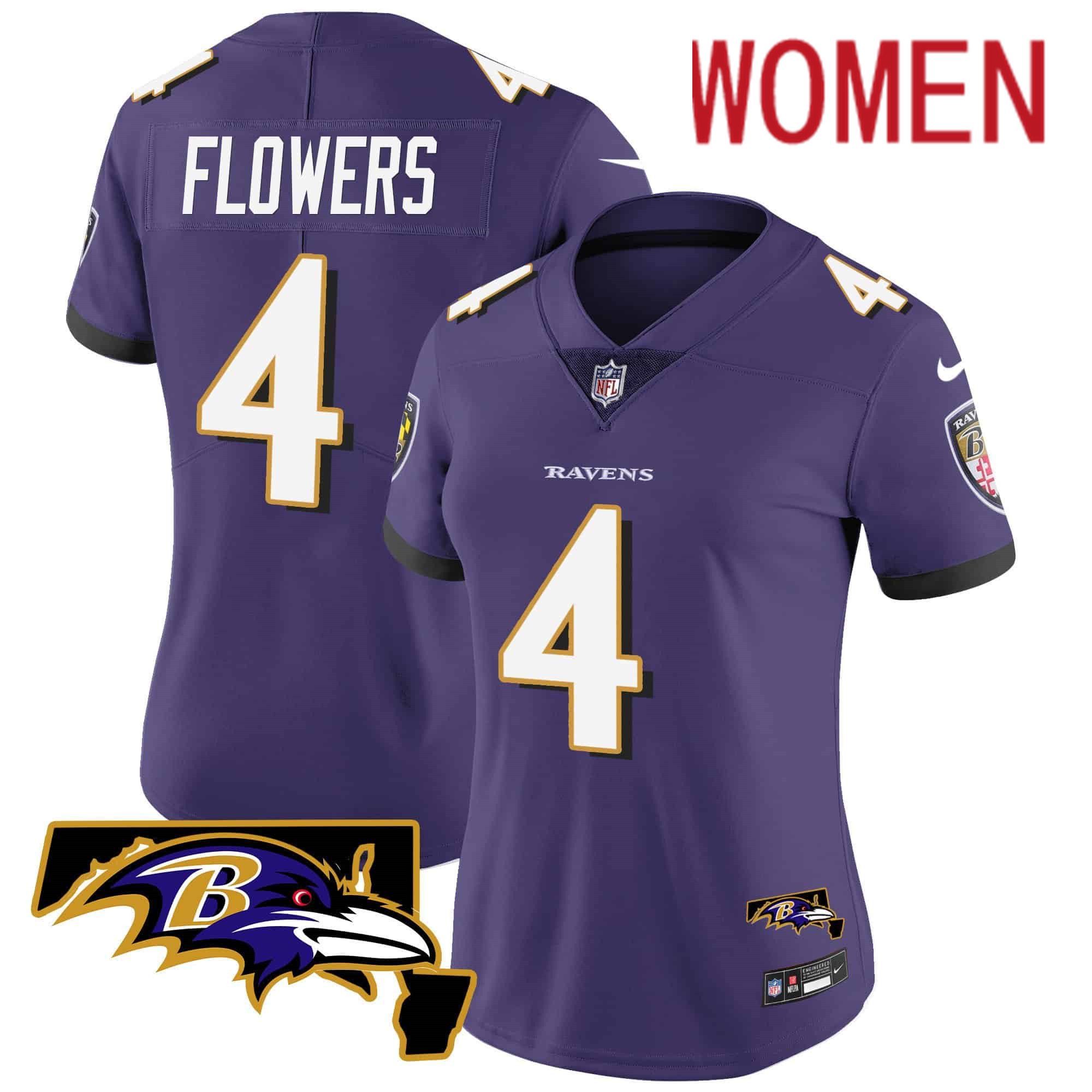 Women Baltimore Ravens #4 Flowers Purple 2024 Nike Maryland Patch Vapor Limited NFL Jersey style 1
